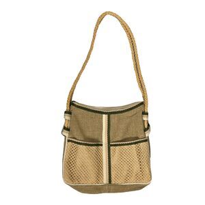 Vintage Wicker Woven Boho Shoulder Bag Made Italy Zip Pockets Tan Olive Green